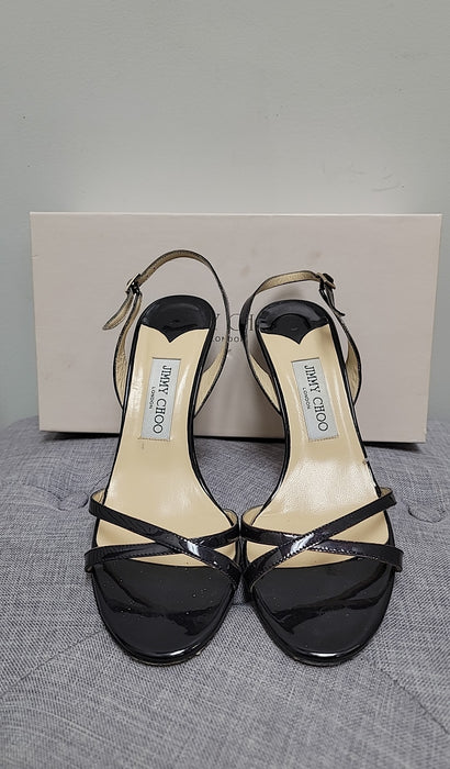 A PAIR OF JIMMY CHOO BLACK LEATHER STILETTO STRAPPY HEELS. Vintage Clothing  & Accessories - Auctionet